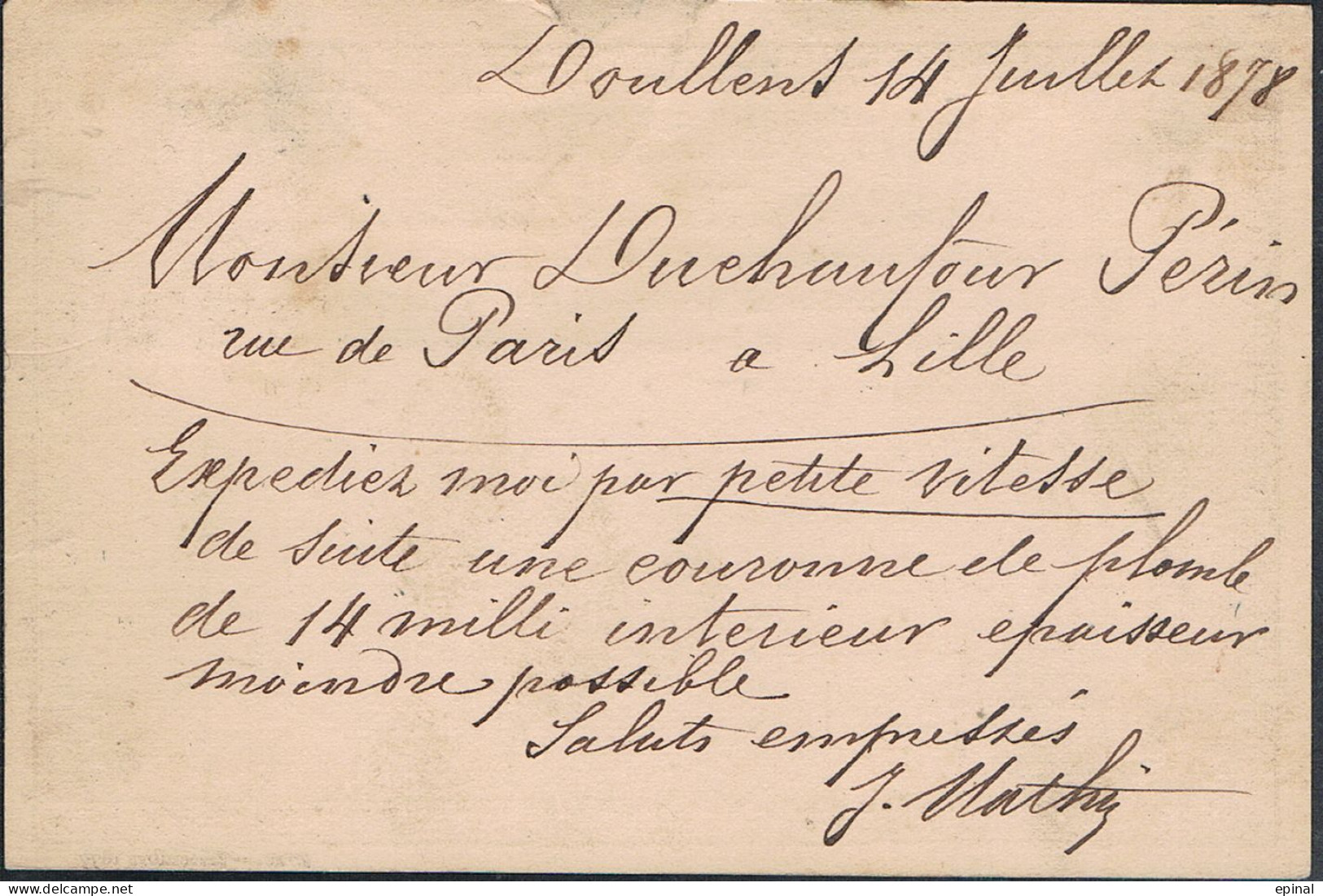 FRANCE : Carte Précurseur Datée Du 15/7/1878 à DOULLENS (Somme) - PRIX FIXE - - Precursor Cards