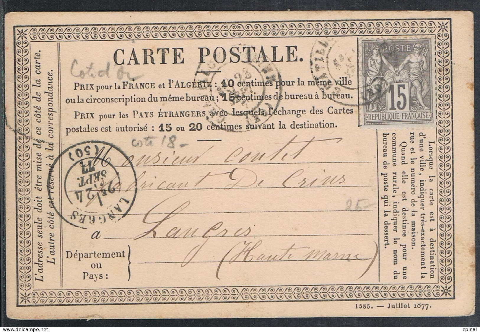 FRANCE : Carte Précurseur Datée Du 23/9/1877 à CHATILLON-sur-SEINE (Côte D'Or) Et LANGRES - - Precursor Cards
