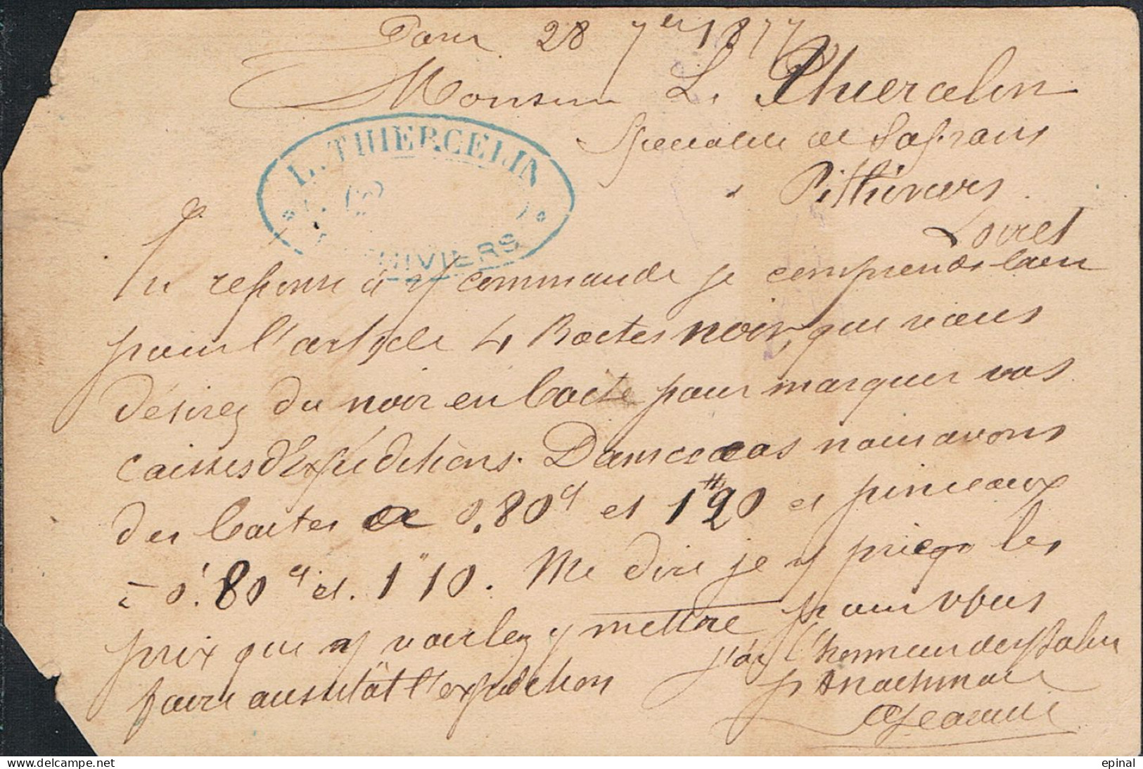 FRANCE : Carte Précurseur Datée Du 28/9/1877 à PARIS DEPART Et  PITHIVIERS - PRIX FIXE - - Cartes Précurseurs