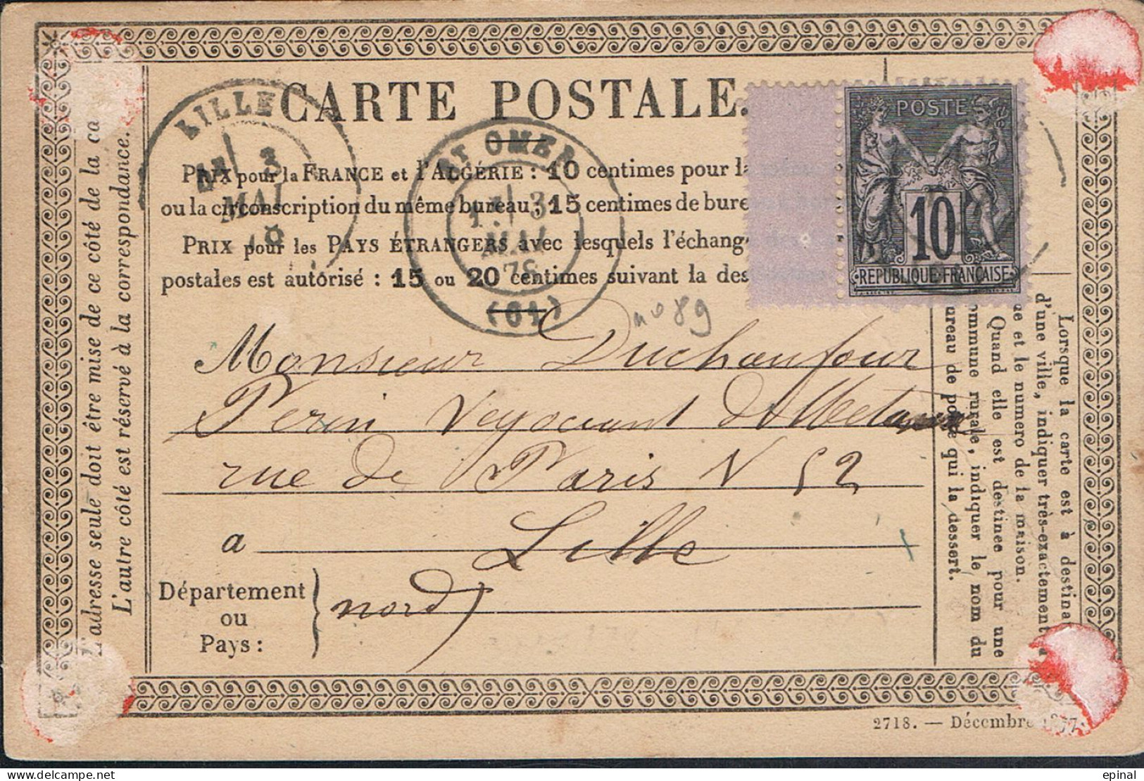 FRANCE : Carte Précurseur Datée Du 3/5/1878 à SAINT-OMER Et à LILLE - - Precursor Cards