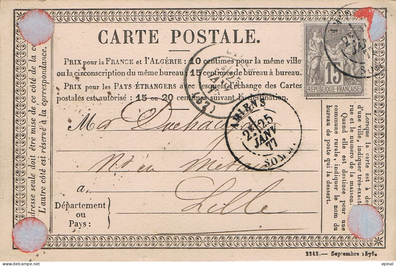 FRANCE : Carte Précurseur Datée Du 25/1/1877 à AMIENS (cachet 17dr) Et LILLE - - Cartes Précurseurs