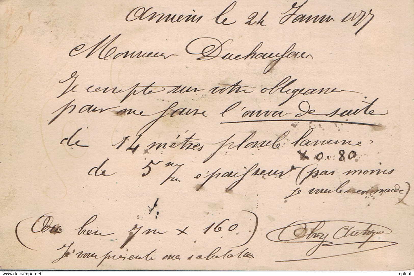 FRANCE : Carte Précurseur Datée Du 25/1/1877 à AMIENS (cachet 17dr) Et LILLE - - Cartes Précurseurs
