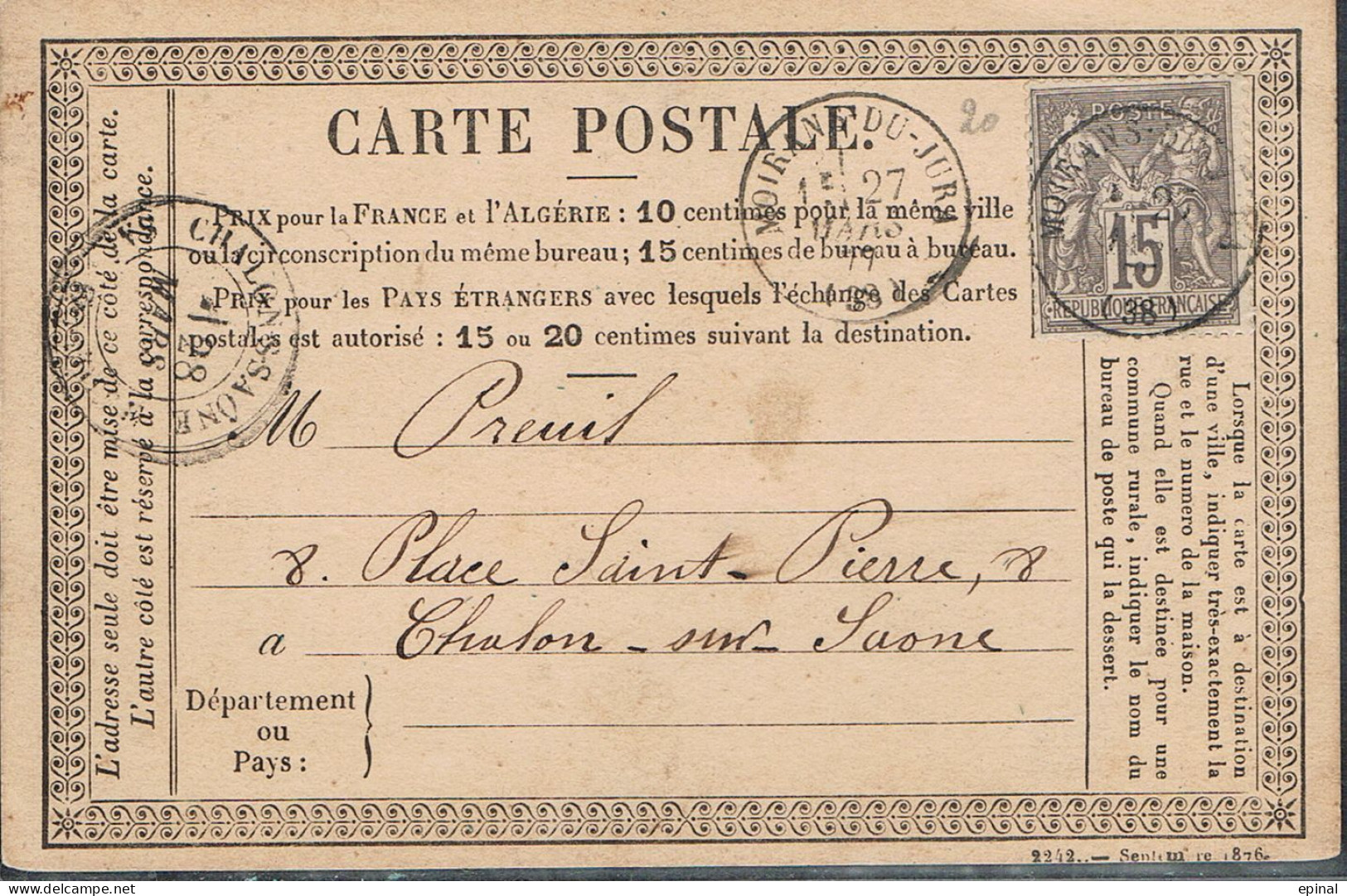 FRANCE : Carte Précurseur Datée Du 27/3/77 MOIRANS DU JURA Et CHALON SUR SAONE - - Precursor Cards