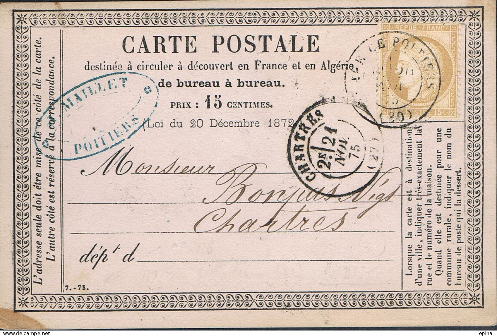 FRANCE : Carte Précurseur Datée Du 21/11/1875 En Gare De POITIERS Et à CHARTRES - - Cartes Précurseurs