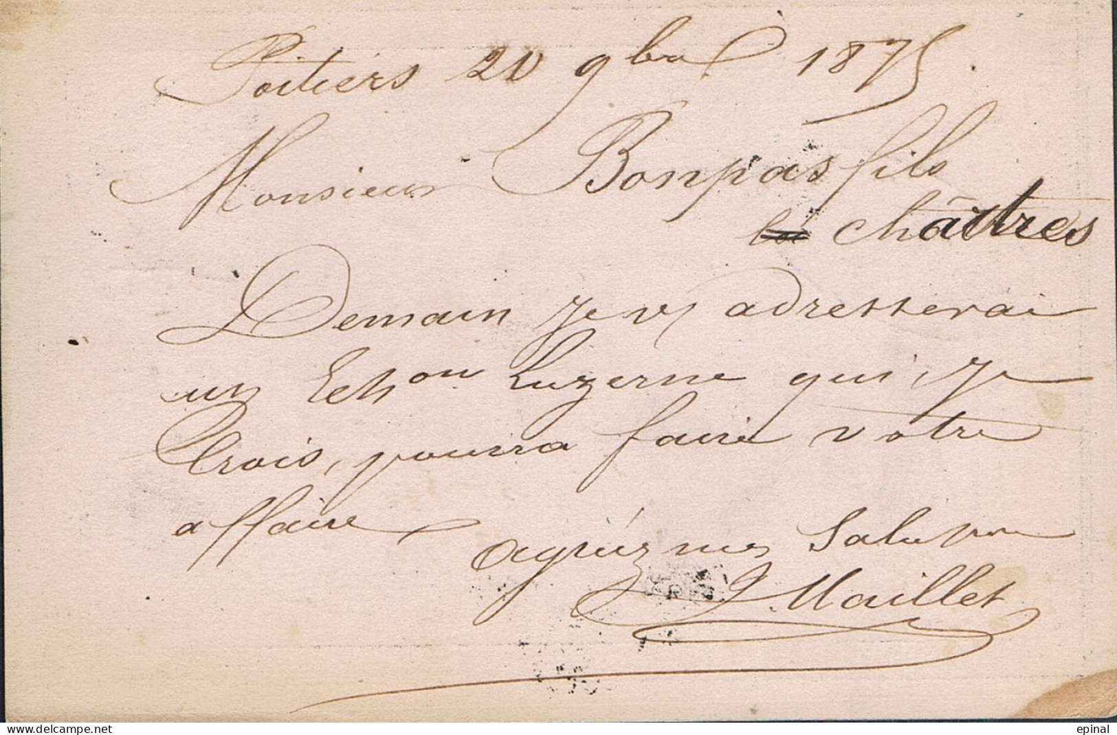 FRANCE : Carte Précurseur Datée Du 21/11/1875 En Gare De POITIERS Et à CHARTRES - - Precursor Cards