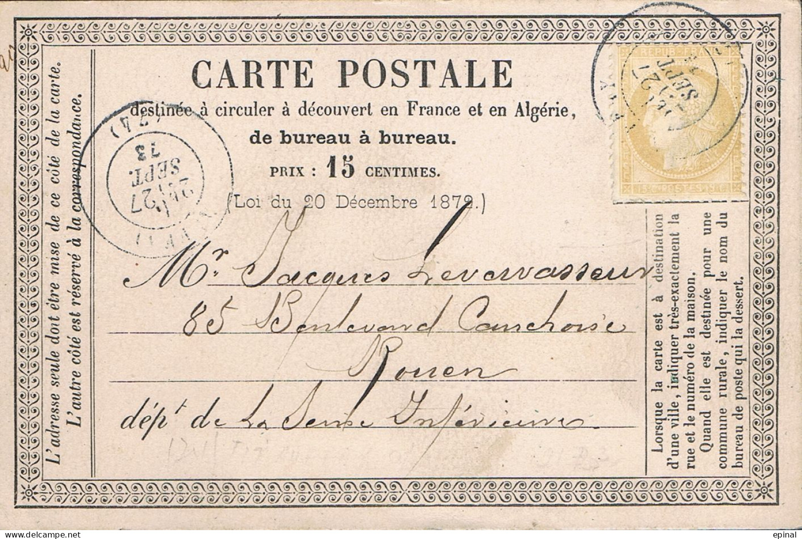 FRANCE : Carte Précurseur Datée Du 27/9/1873 à AUFFRAY (Seine Inférieure) Et ROUEN - - Precursor Cards