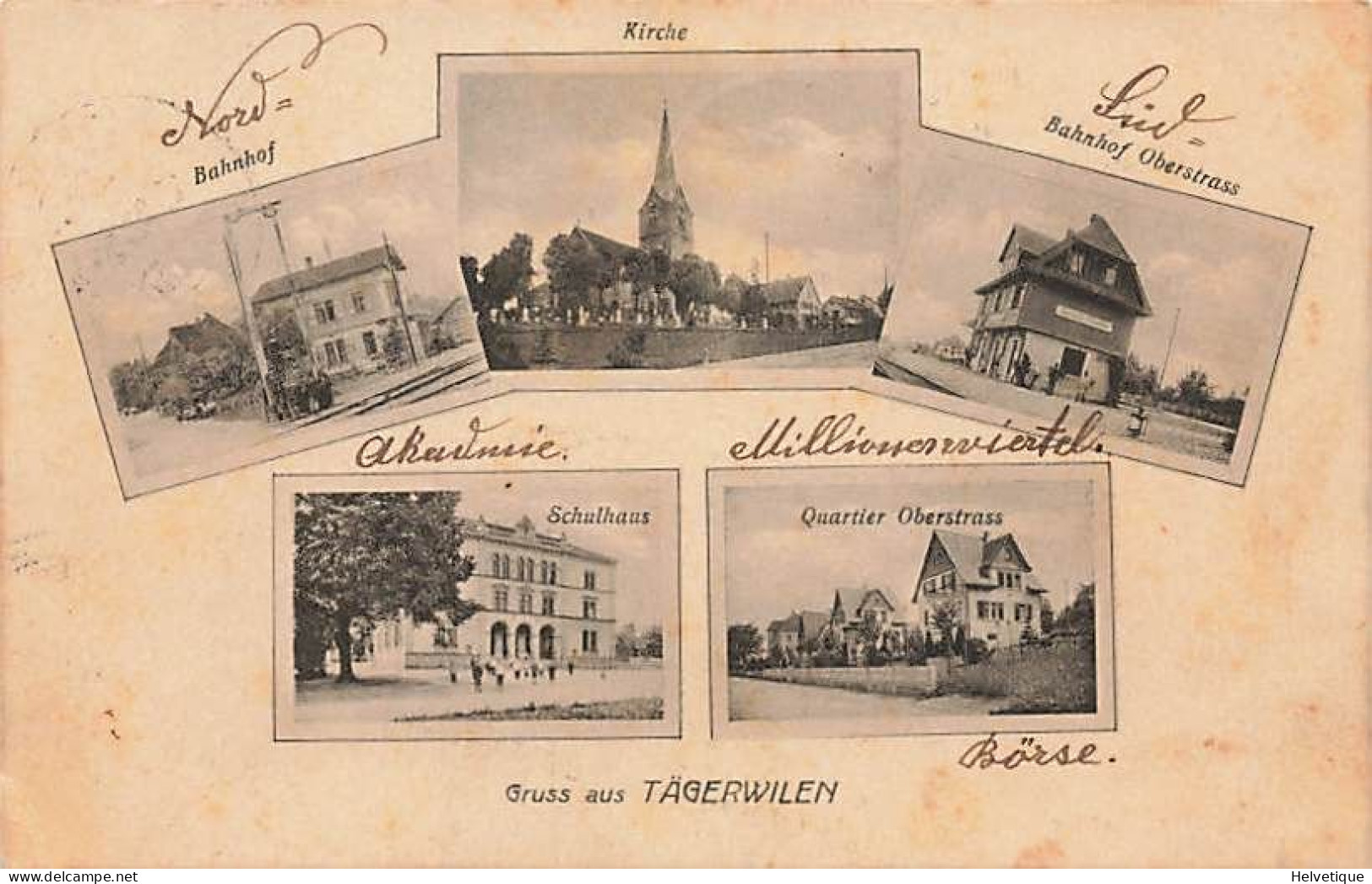 Gruss Aus Tägerwilen Tägerweilen Bahnhof Oberstrasse Schulhaus Kirche 1915  Distrikt Kreuzlingen - Kreuzlingen