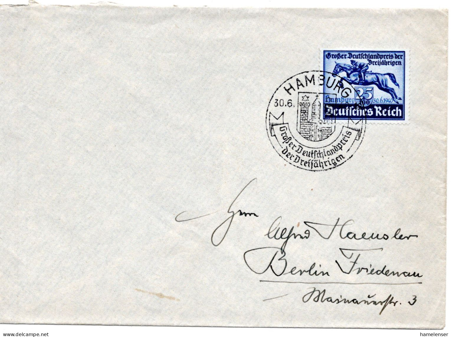 60445 - Deutsches Reich - 1940 - 25Pfg Blaues Band EF A Bf SoStpl HAMBURG - GROSSER DEUTSCHLANDPREIS ... -> Berlin - Reitsport