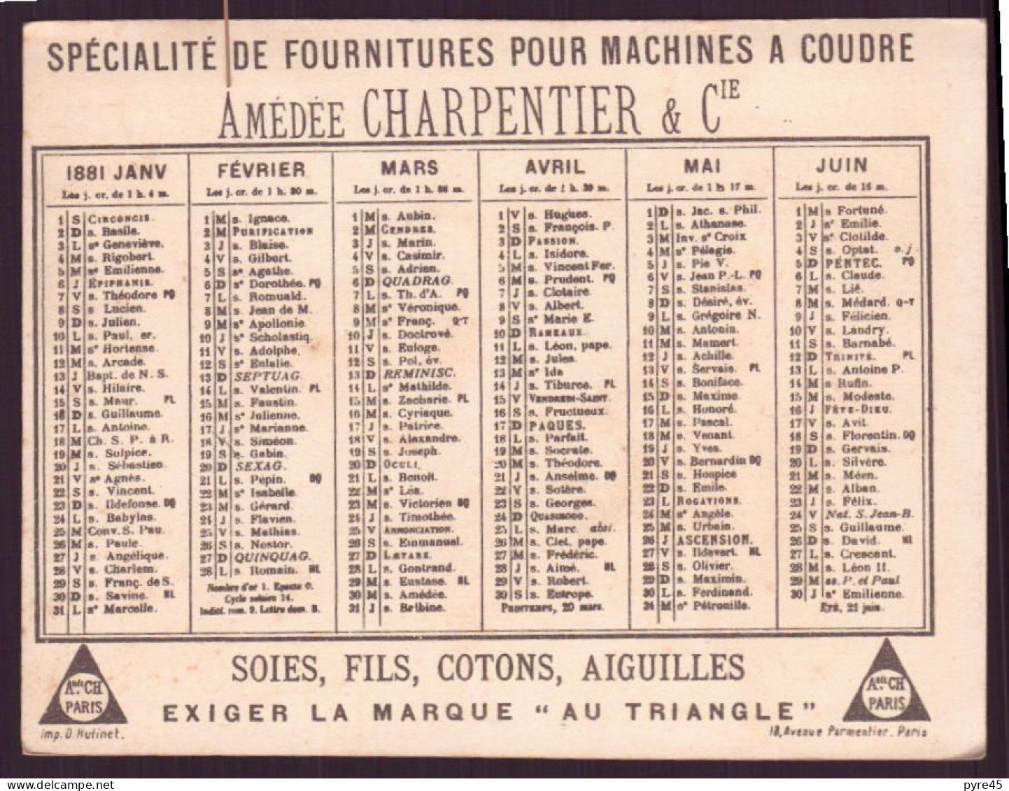 Calendrier Publicitaire " Charpentier " Fournitures Machines à Coudre, Année 1881 - Petit Format : ...-1900