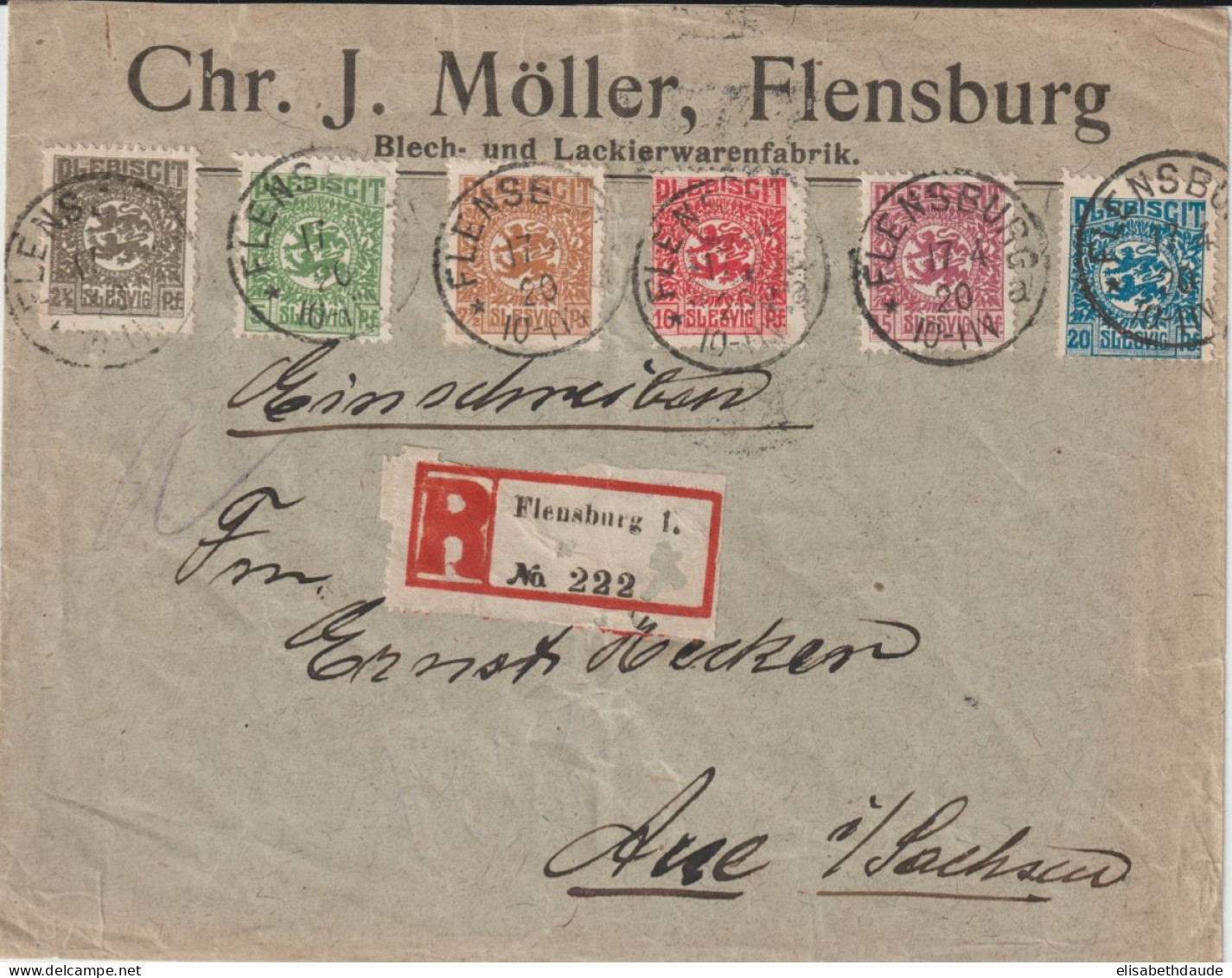 SCHLESWIG - 1920 - ENVELOPPE RECOMMANDEE De FLENSBURG => AUE - Schleswig