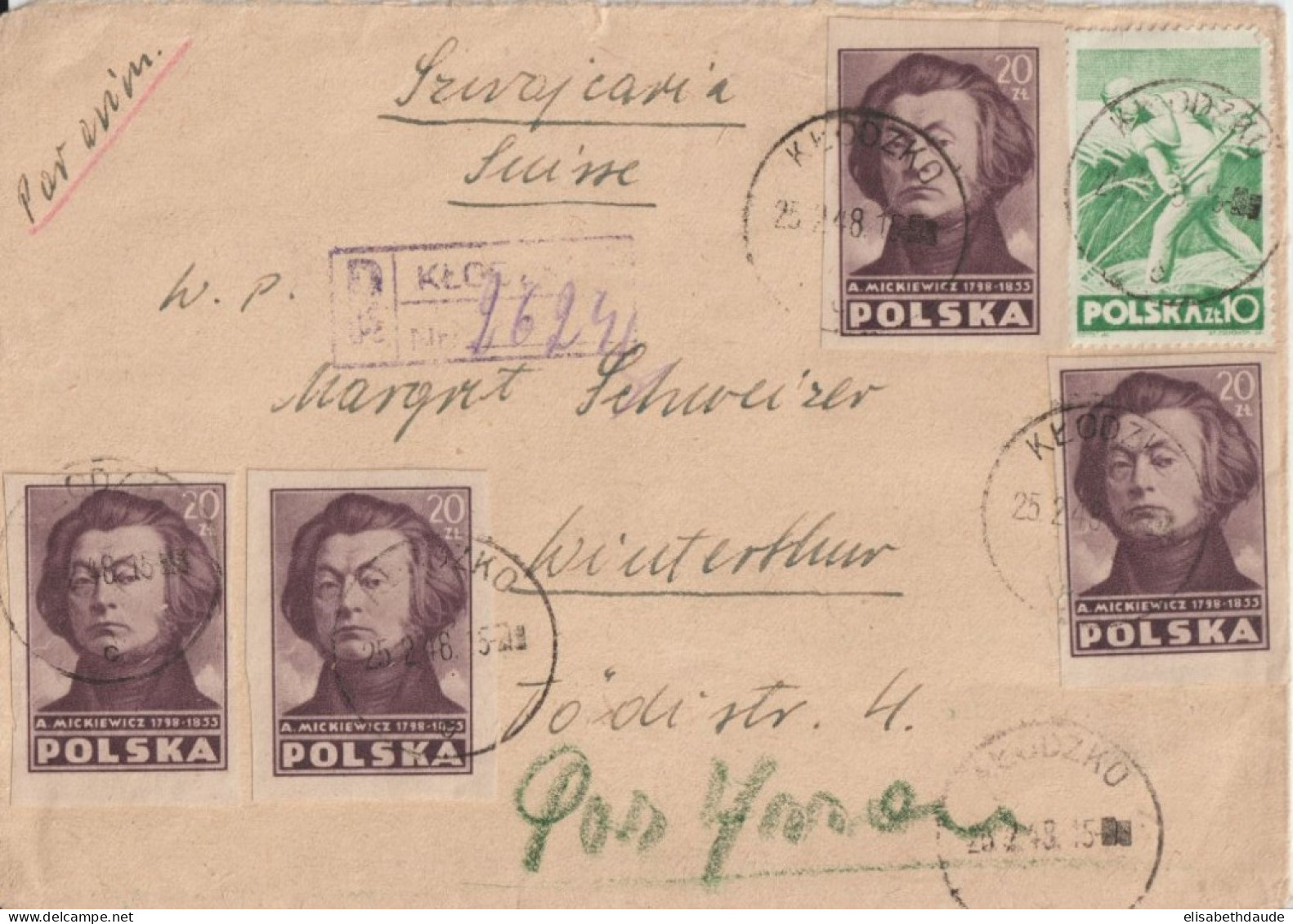 POLOGNE - 1948 - ENVELOPPE RECOMMANDEE De KLODZKO => AWINTERTHUR (SUISSE) ! - Lettres & Documents