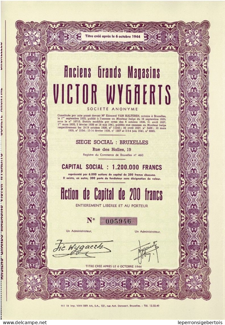 Titre De 1941 - Anciens Grands Magasins Victor Wygaerts - - Autres & Non Classés