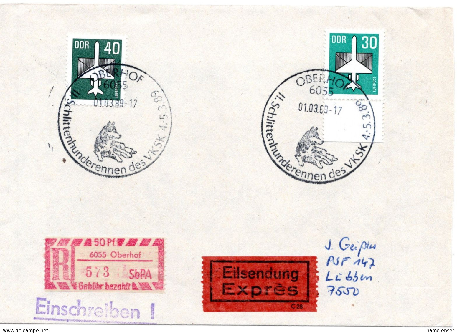 60456 - DDR - 1989 - 40Pfg Luftpost MiF A R-EilBf SoStpl OBERHOF - SCHLITTENHUNDERENNEN ... -> Luebben, M EL-Schein - Autres & Non Classés