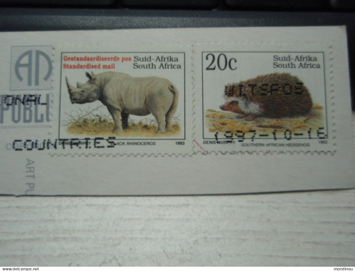 2 Timbres  Sud-Africain Black Rhinocéros & Southern African Hedgehog. - Gebruikt