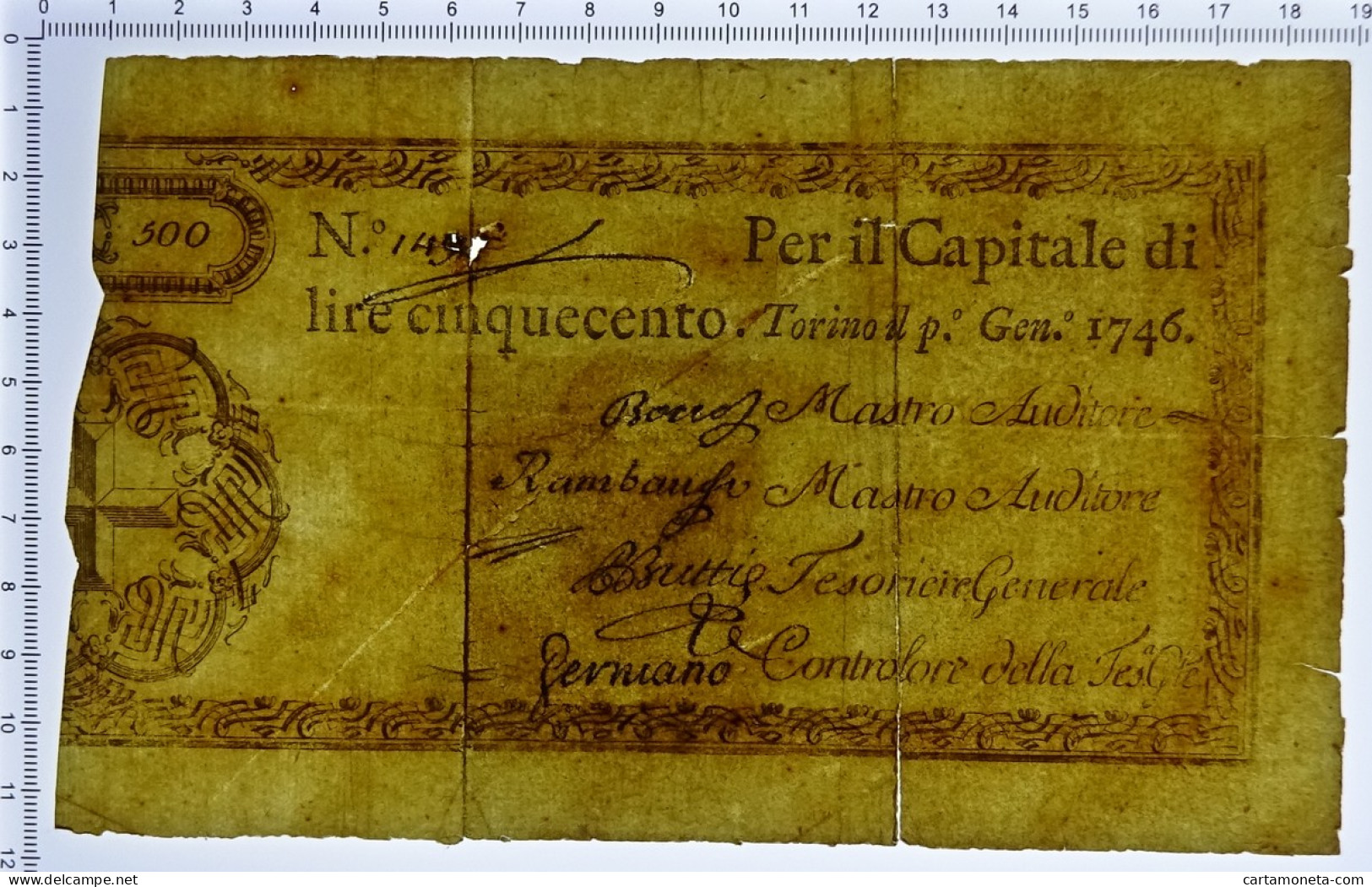 500 LIRE REGIE FINANZE TORINO REGNO DI SARDEGNA 01/01/1746 MB+ - Autres & Non Classés