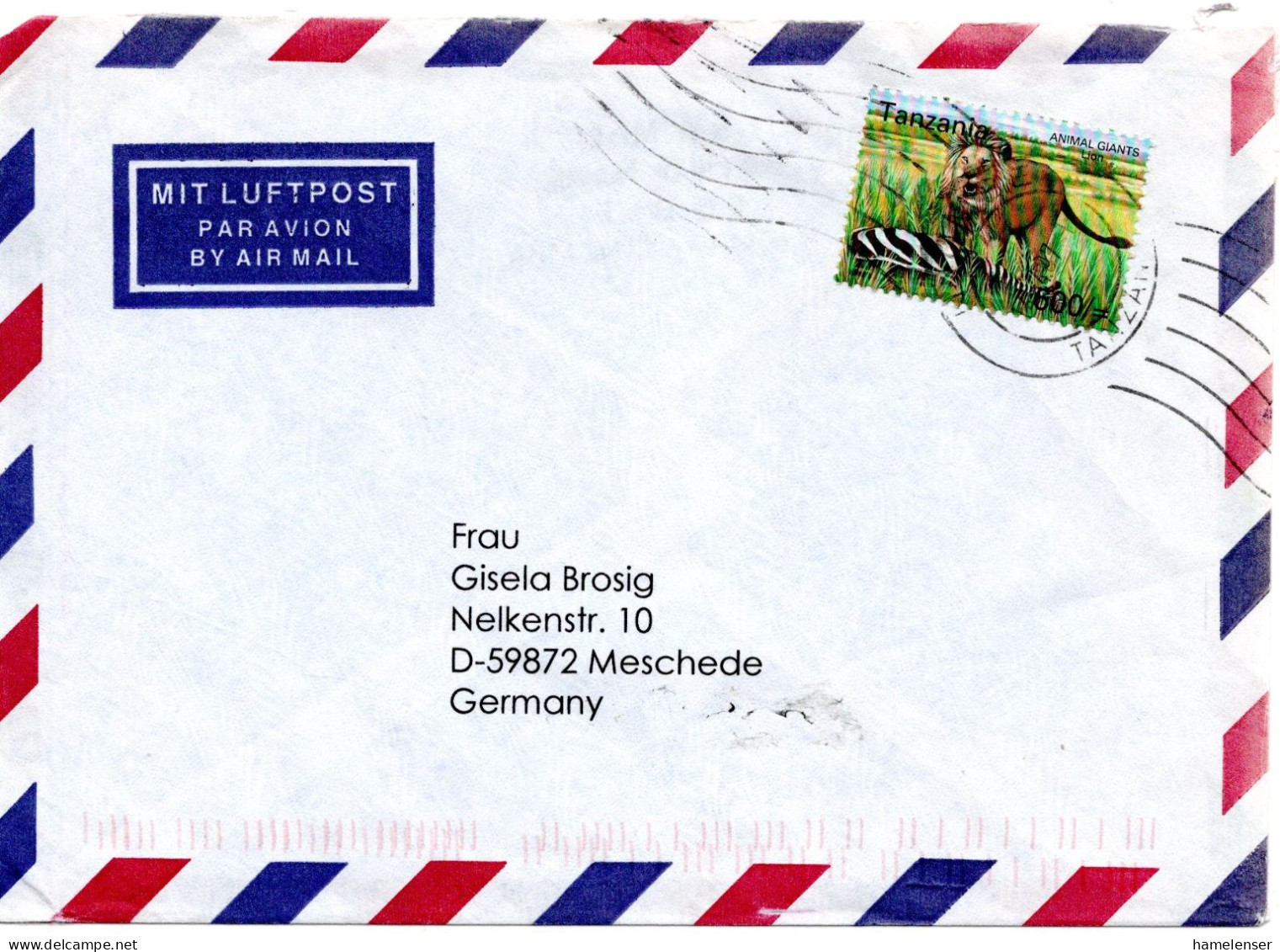 60462 - Tansania - 1997 - 600'- Loewe A LpBf NJOMBE -> Deutschland - Raubkatzen