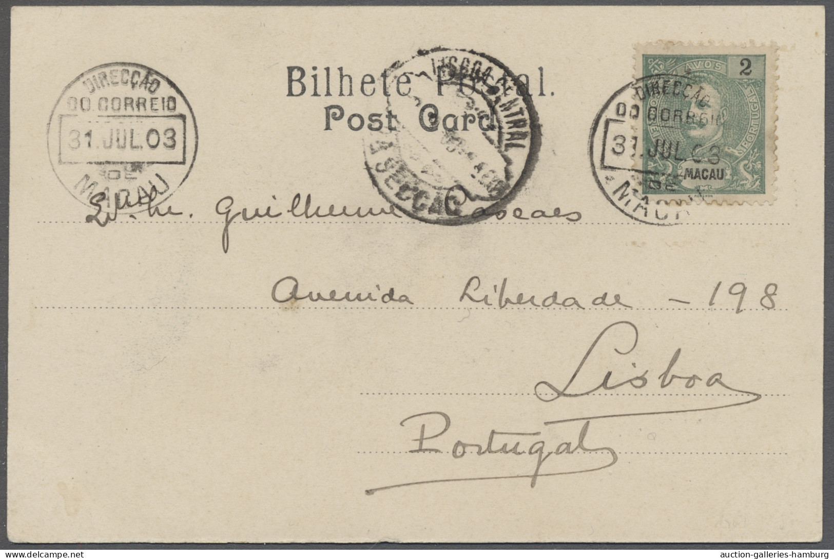 PPC Macao: 1903, Jul 31, Ppc (panoramic View) To Lisbon With 2 A. As Single Franking - Otros & Sin Clasificación