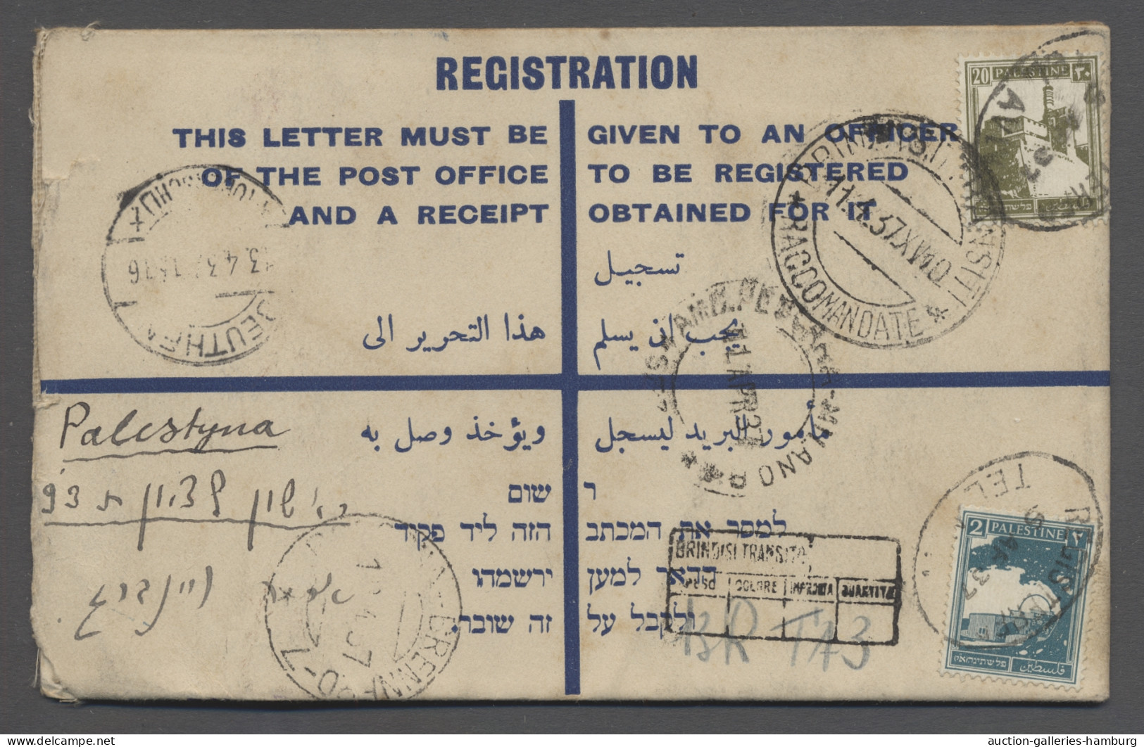 GA Palestine: 1937, Einschreibe-Ganzsachenumschlag Mit Wertstempel 13 Mils Ocker, E - Palestine