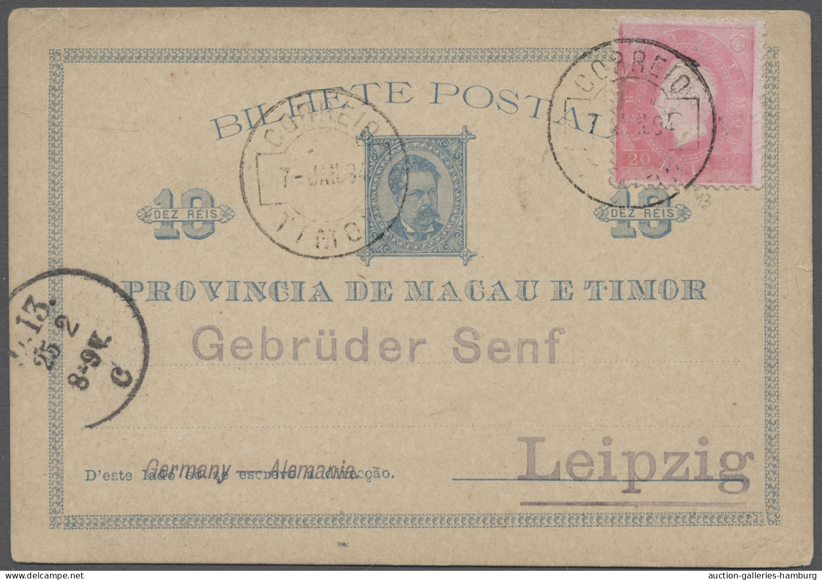 GA Timor: 1894, Jan 7, Macau PSC 10 R. Used In Timor Uprated With 20 R. Carmine (Ki - Osttimor