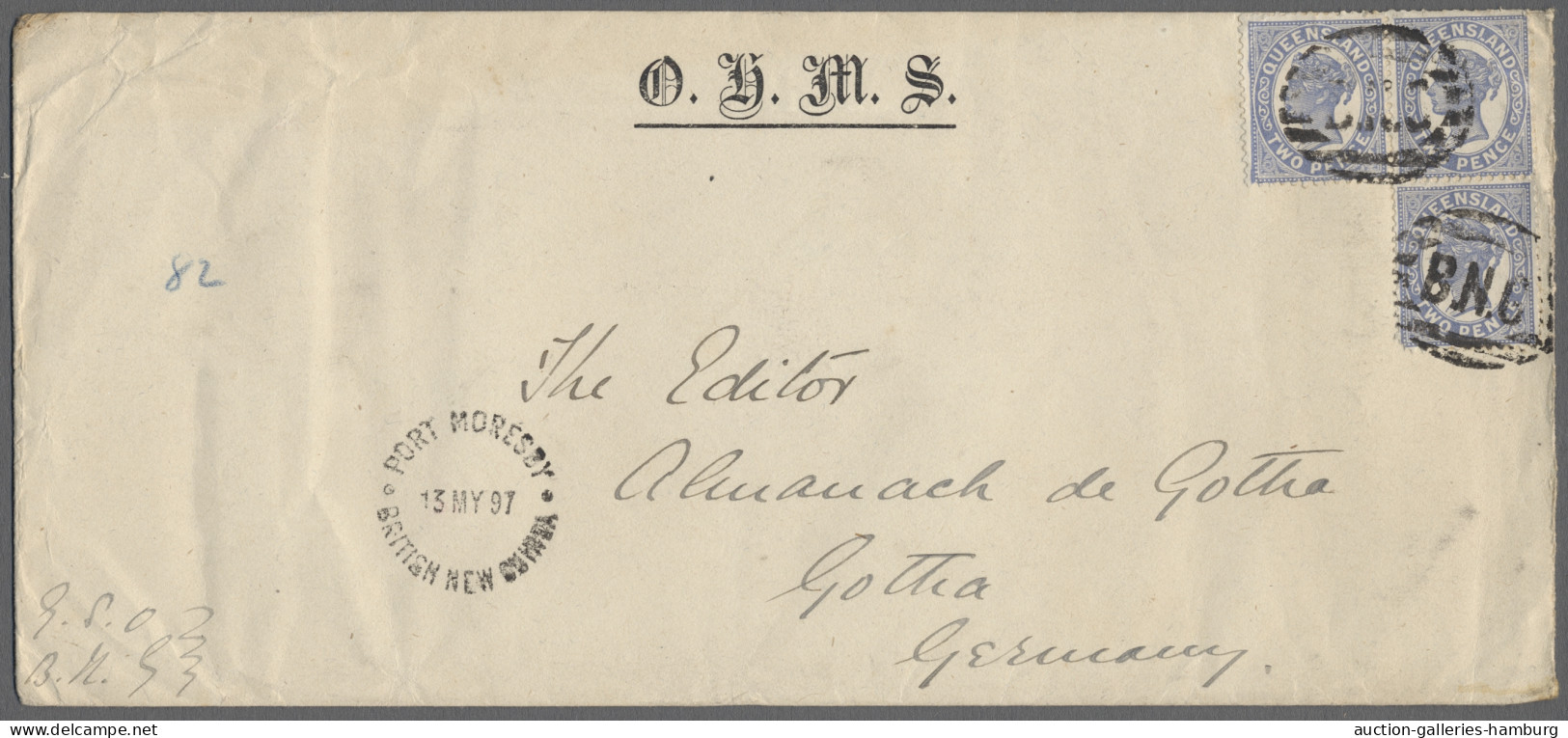 Cover Papua: 1897, O.H.M.S. Envelope Bearing Queensland 2d Blue X3 Tied To Cover By Ba - Papouasie-Nouvelle-Guinée