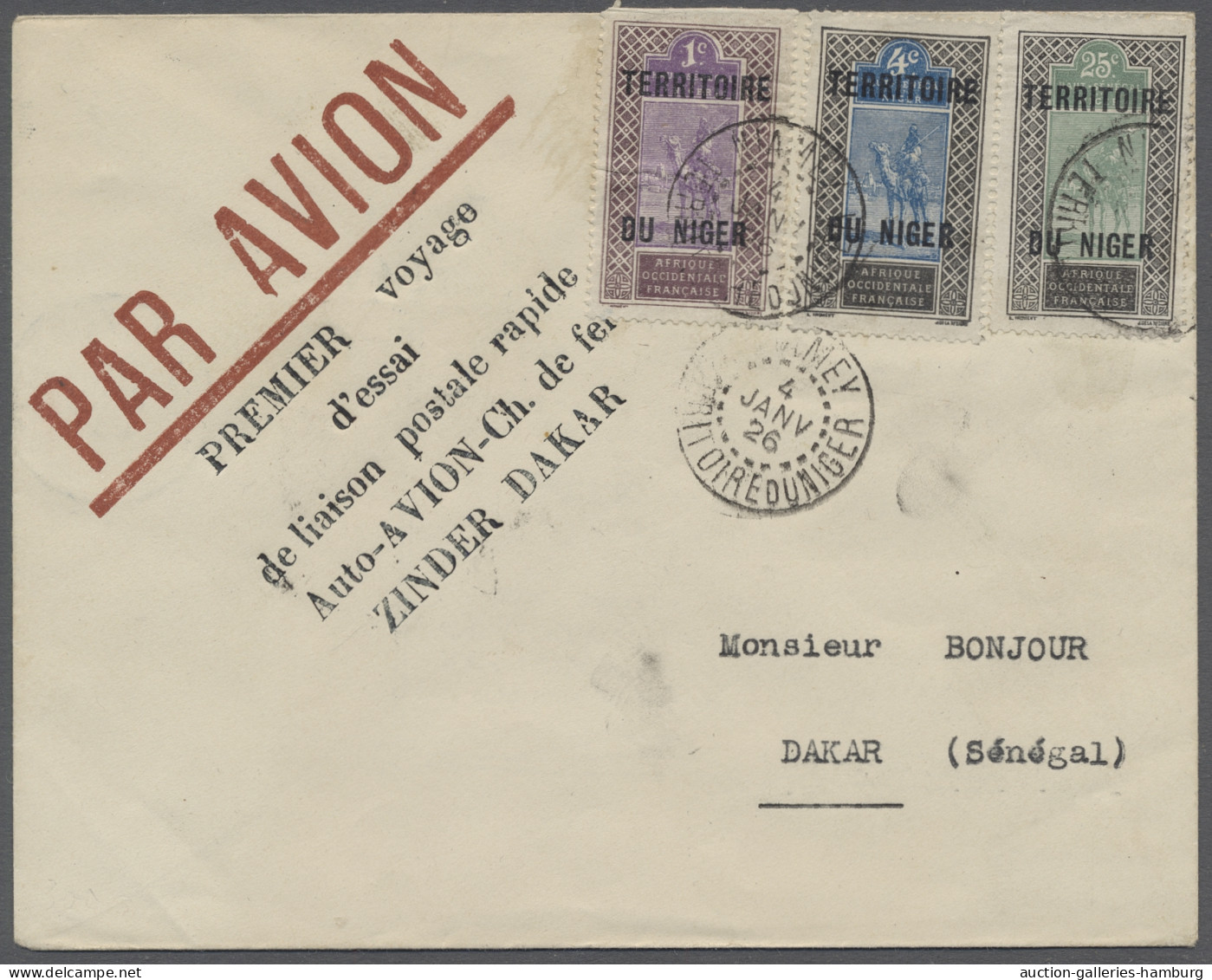 Cover French Niger: 1926, First Experimental Flight Zinder To Dakar, Senegal, Combined - Covers & Documents