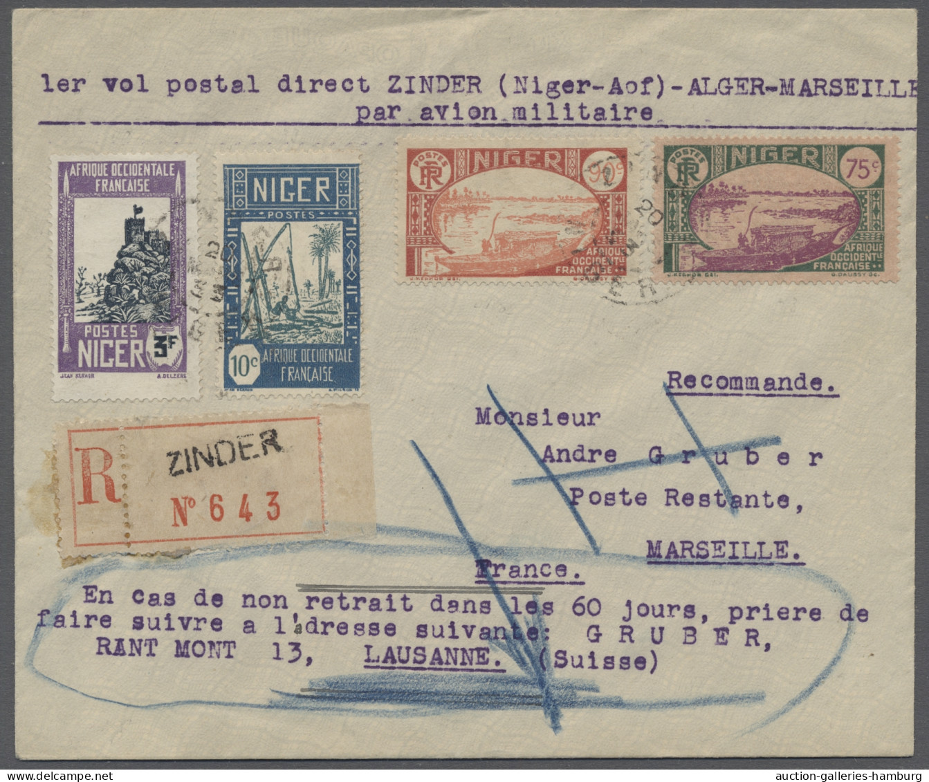 Cover French Niger: 1933, First Experimental Military Air Service From ZINDER To Algie - Lettres & Documents