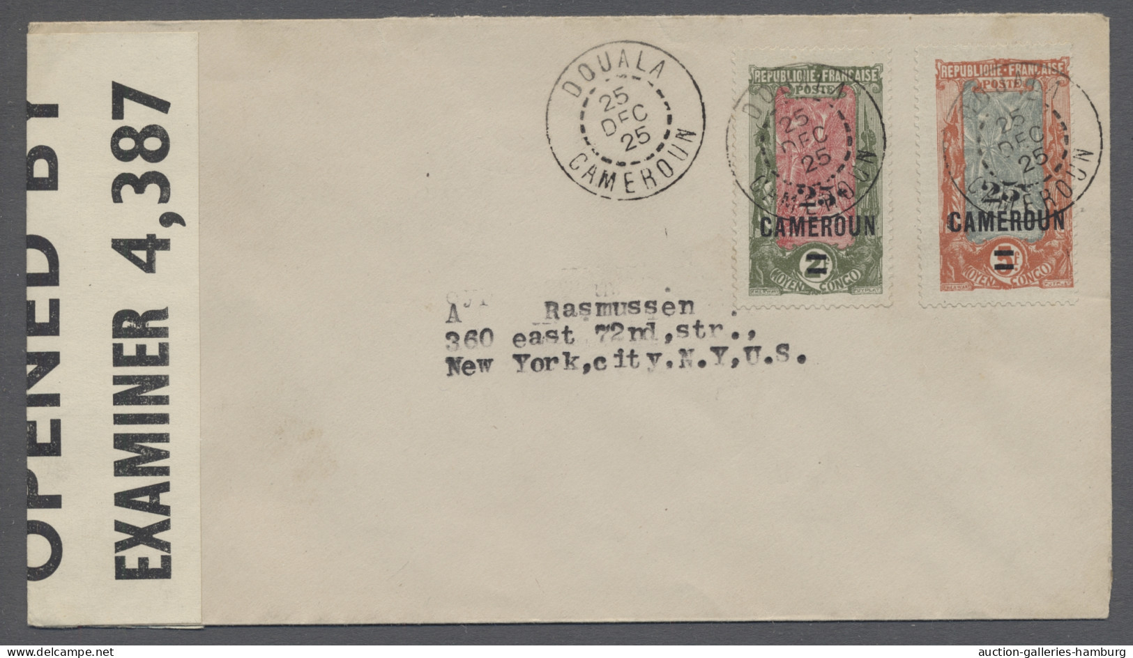 Cover Cameroon: 1925, 25.12., Brief Aus DUALA In Die USA, Mit Aufdruckprovisorien 25c - Kameroen (1960-...)