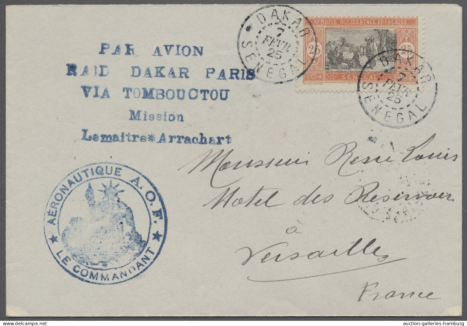 Air Mail Senegal: 1925, Feb 7, Return Flight From Dakar To Paris Via Timbuktu. Cover Fran - Senegal (1960-...)