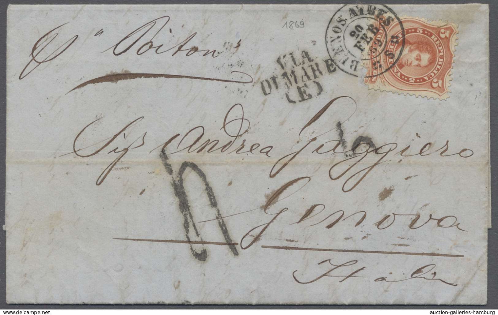 Cover Argentina: 1869, 2 ELs Mit Part Frankings To Italy. 5c. Orange Single Rate And 1 - Andere & Zonder Classificatie