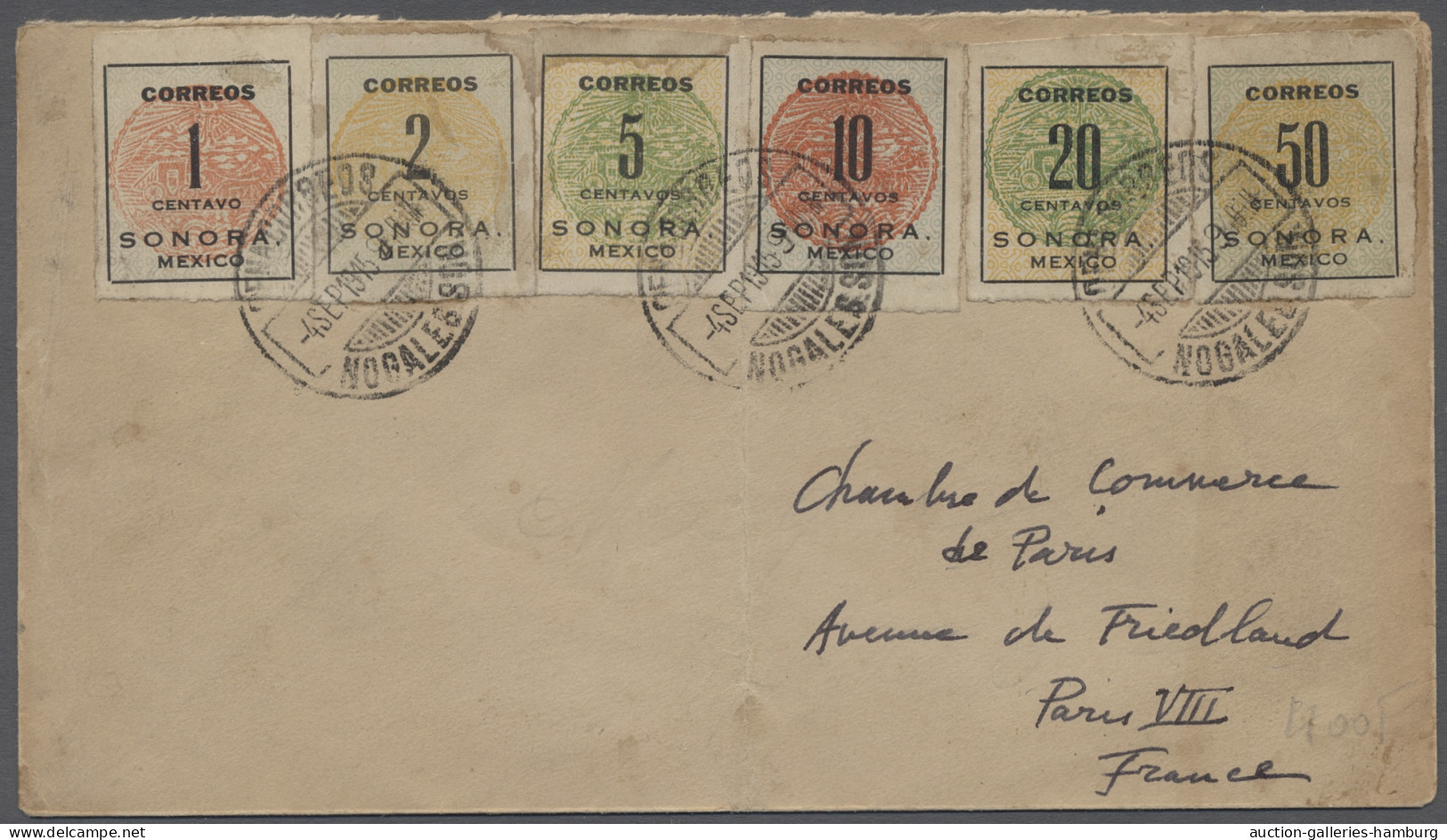 Cover Mexico: 1870-1915, Vier Belege, U.a. SONORA 2. Ausgabe Auf Brief Nach Paris Mit - México