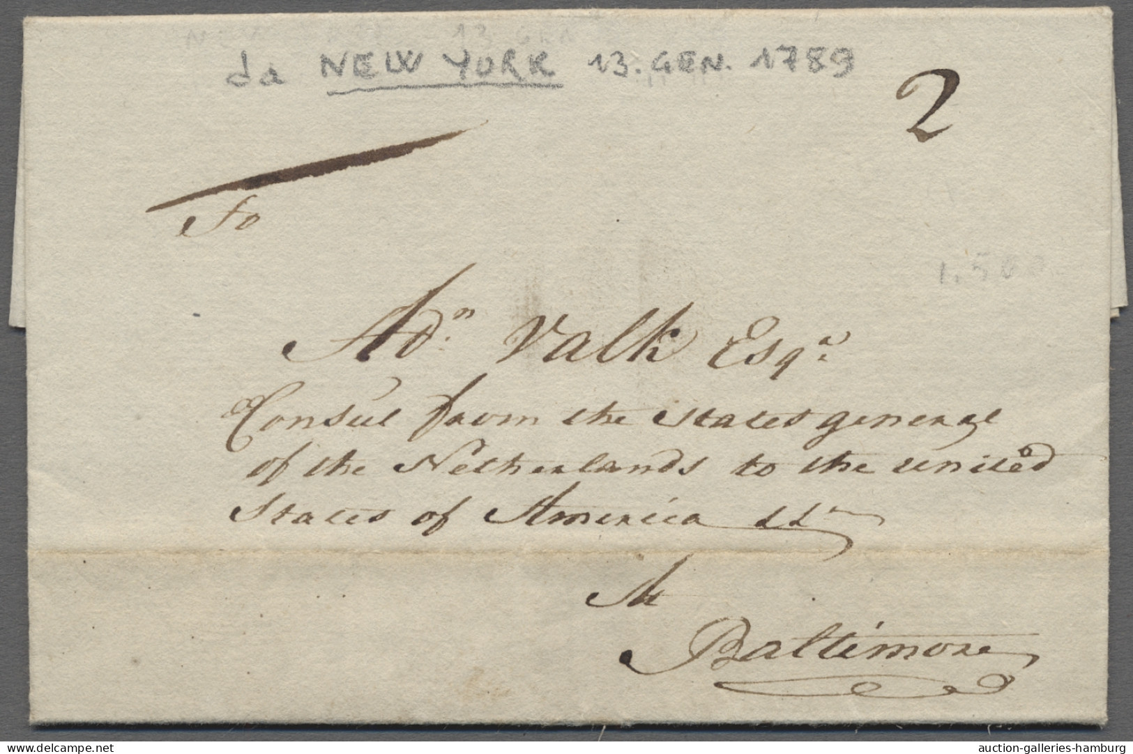 Cover United States Of America: 1789, Jan 12, EL From NEW YORK Addressed To The Dutch - …-1845 Préphilatélie