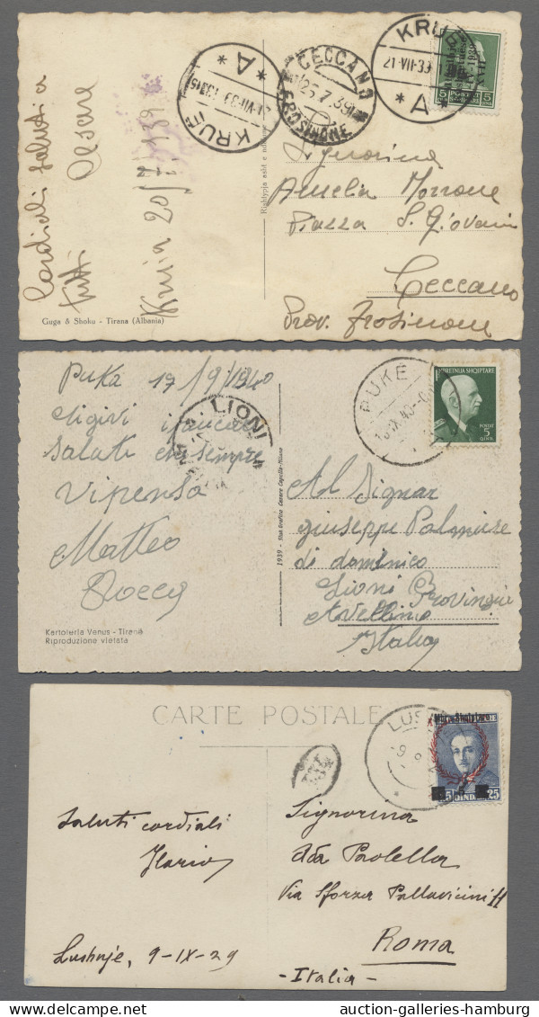 PPC Albania: 1939-40, Three Postal Pictorial Cards Showing Cancellations Of KRUE, LU - Albania