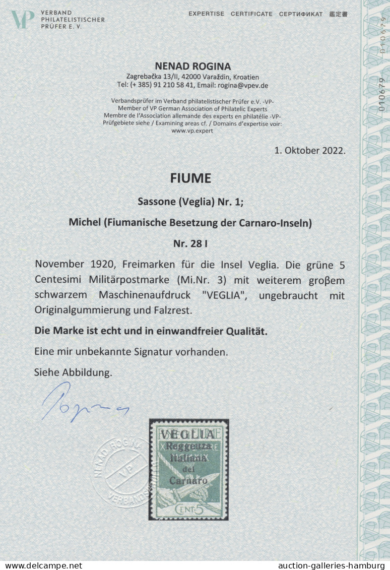 * Fiume: 1920, Freimarke Mit Großem Aufdruck Für Die Insel Veglia. 5 Cent. Grün In - Fiume