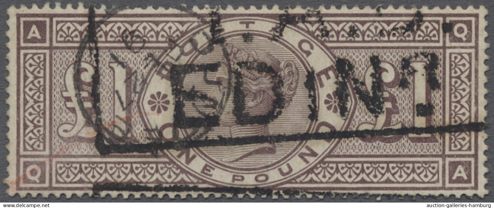 O Great Britain: 1884, Königin Victoria, Weiße Eckbuchstaben, 1 Pfund Bräunlichlil - Oblitérés