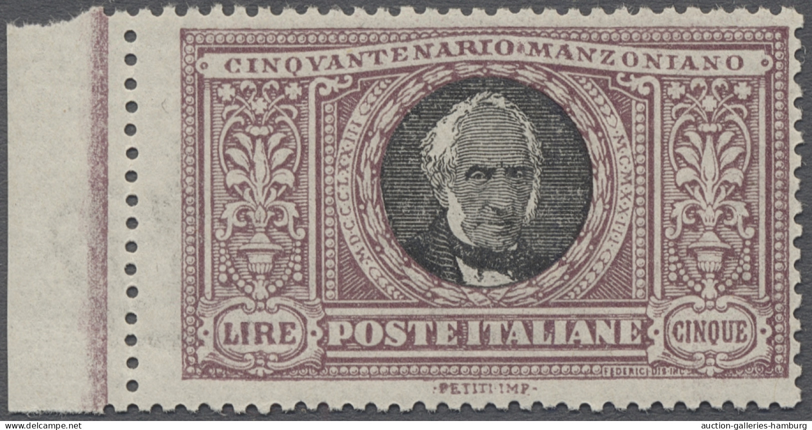 ** Italy: 1923, Alessandro Manzoni 50. Todestag, Höchstwert 5 Lire Lila / Schwarz, - Neufs