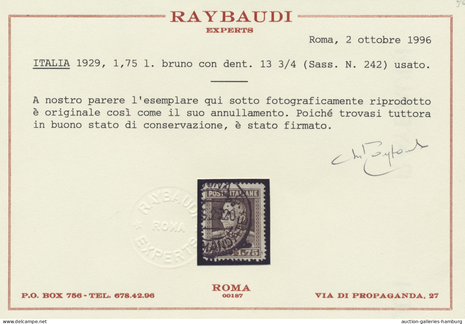 O Italy: 1929, "1,75 Lire", Used, With The Scarce Perforation 13 ¾ , Raybaudi Phot - Oblitérés