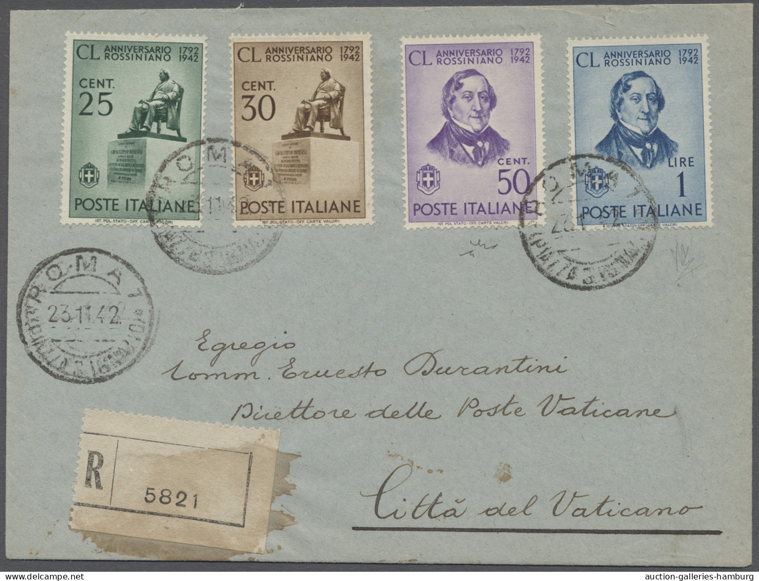 FDC Italy: 1942, Rossini 150. Geburtstag, Der Komplette Satz Auf Einschreib-FDC Aus - Andere & Zonder Classificatie