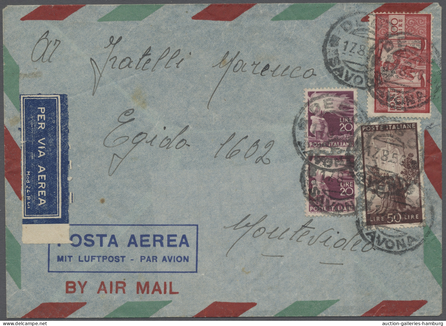 Air Mail Italy: 1950, Demokratie, Zweimal 20 Lire, Einmal 50 Und 100 Lire Als 190-Lire-Po - 1961-70: Marcophilia