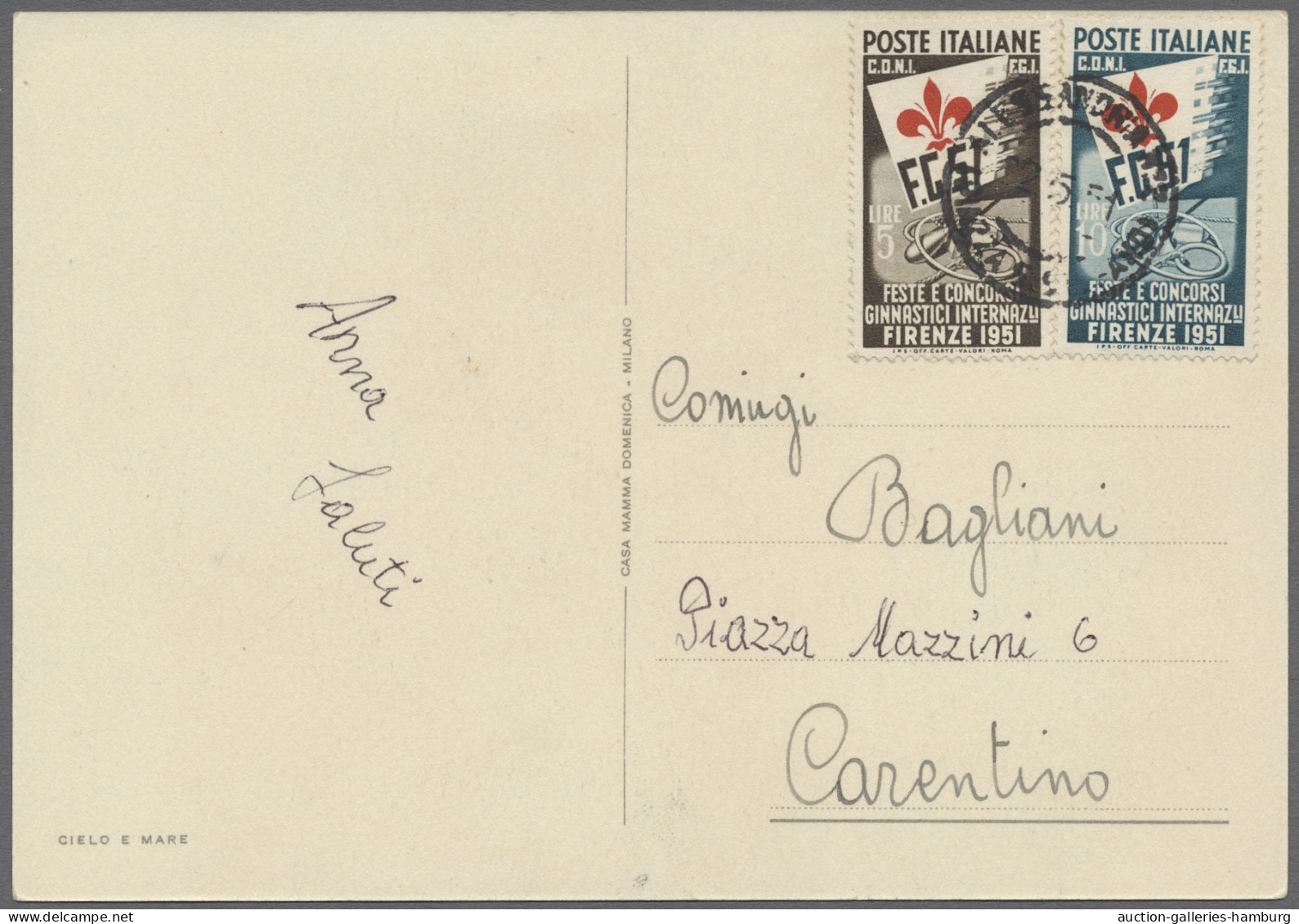 PPC Italy: 1951, Gymnastische Wettspiele Florenz (FGSI), 5 Und 10 Lire Portogerecht - 1961-70: Marcophilie