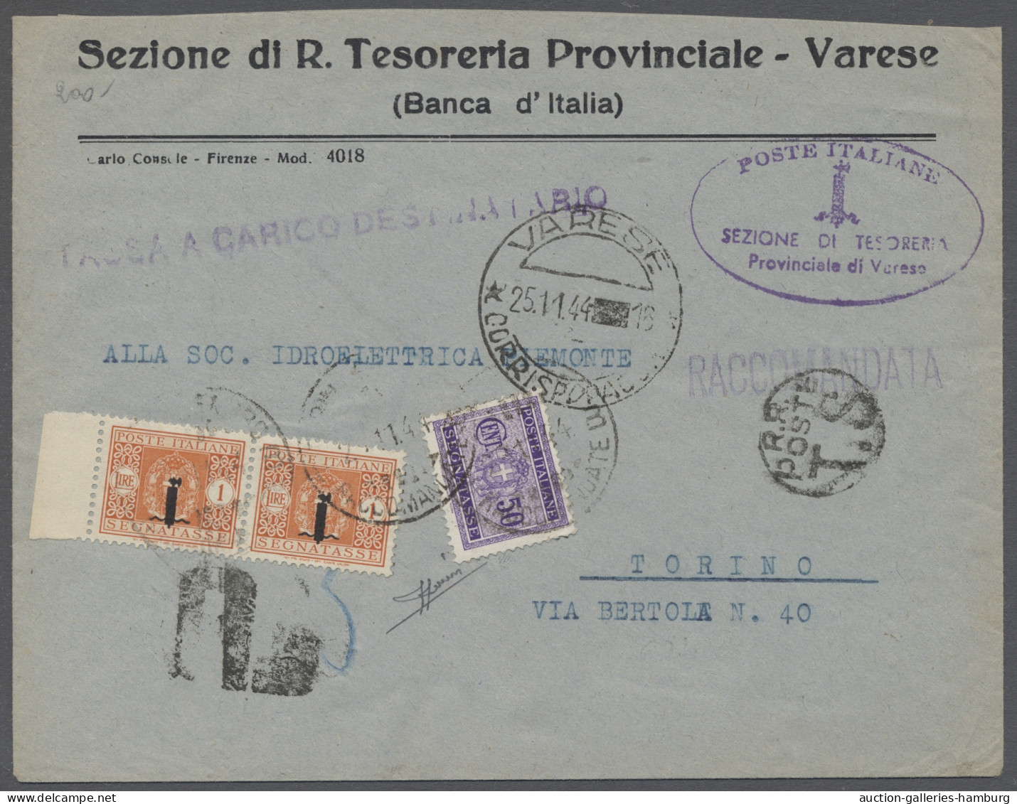 Cover Italy - Postage Dues: 1944, Soziale Republik Italien, Bankbrief Aus Varese Nach - Impuestos