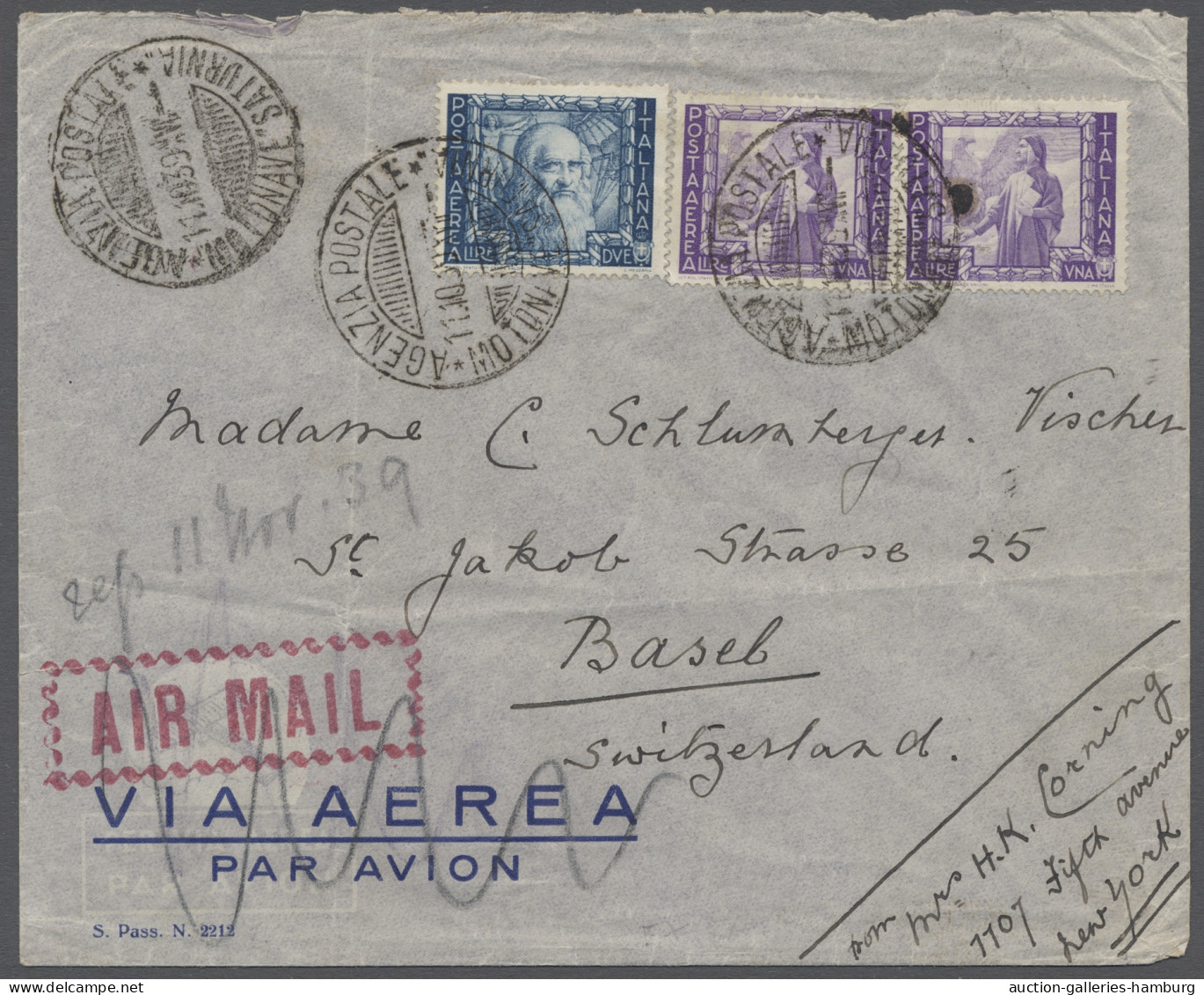 Cover Italy - Post Marks: 1939, "MOTONAVE SATURNIA", Imperium, Flugpostmarken Dante, 1 - Marcophilie