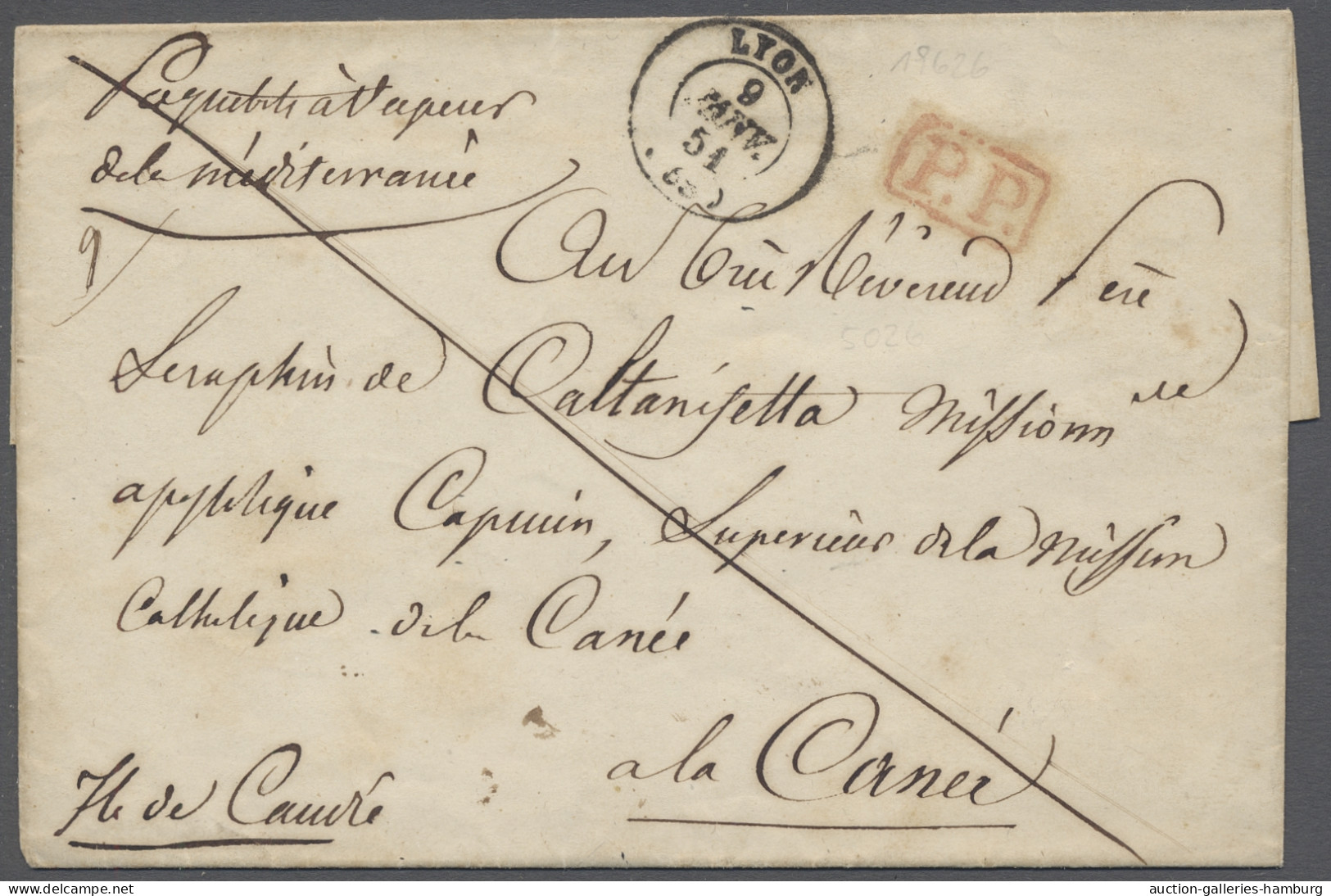 Cover Crete - Pre Adhesives  / Stampless Covers: 1851, Turkish Period, EL From Lyon Sh - Crete