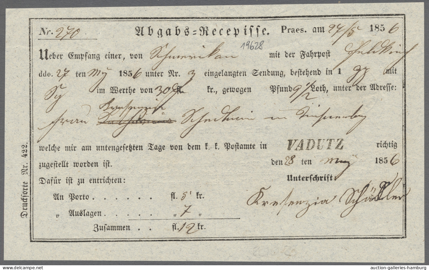 Brf. Liechtenstein - Vor- Und Mitläufer: 1856, VADUTZ, L1 Auf Abgabs-Recepisse, Mit D - ...-1912 Vorphilatelie