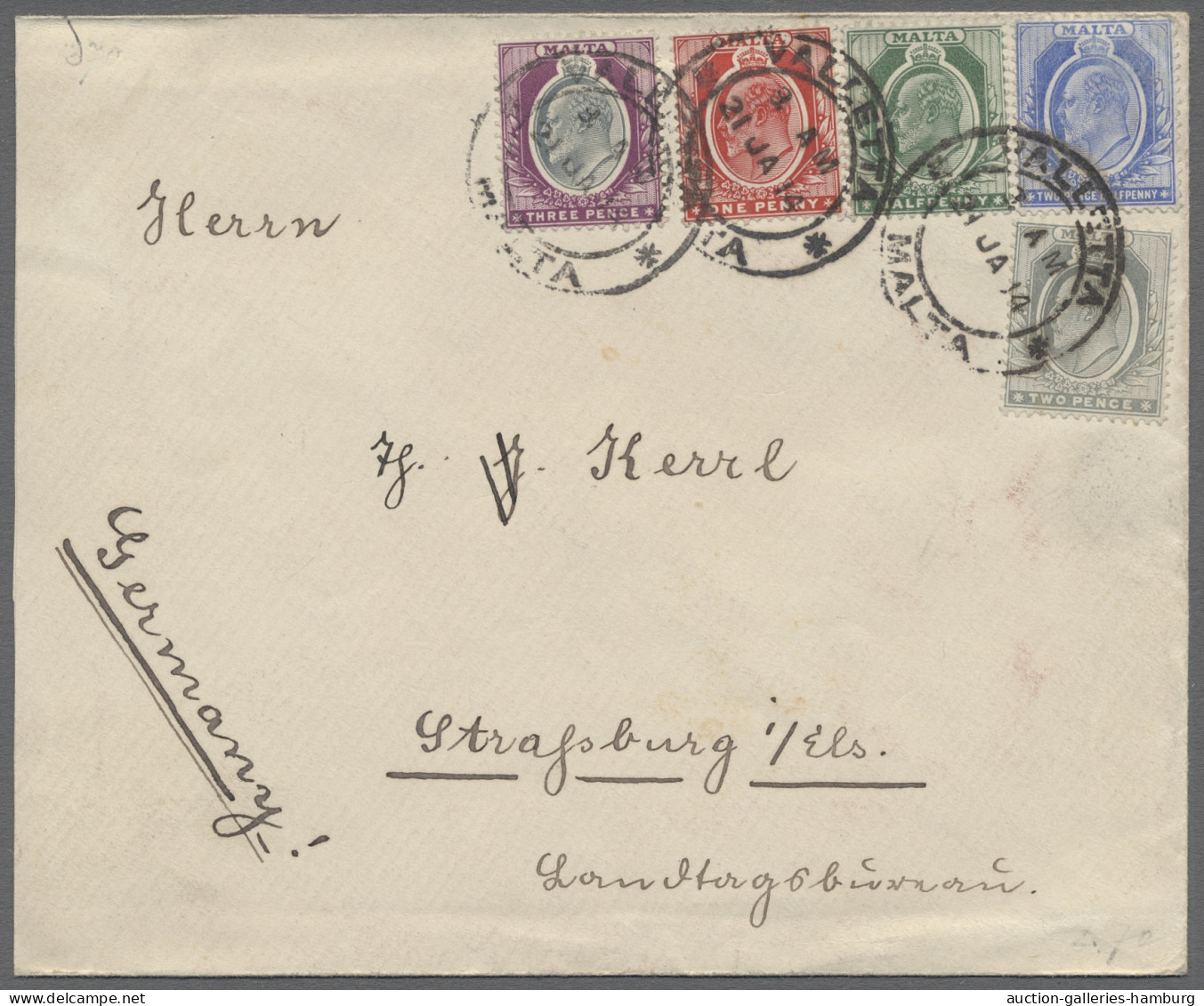 Cover Malta: 1898-1932, 5 Covers And Ppcs Incl. 5-colour-franking KEVII, Four Items Ad - Malta