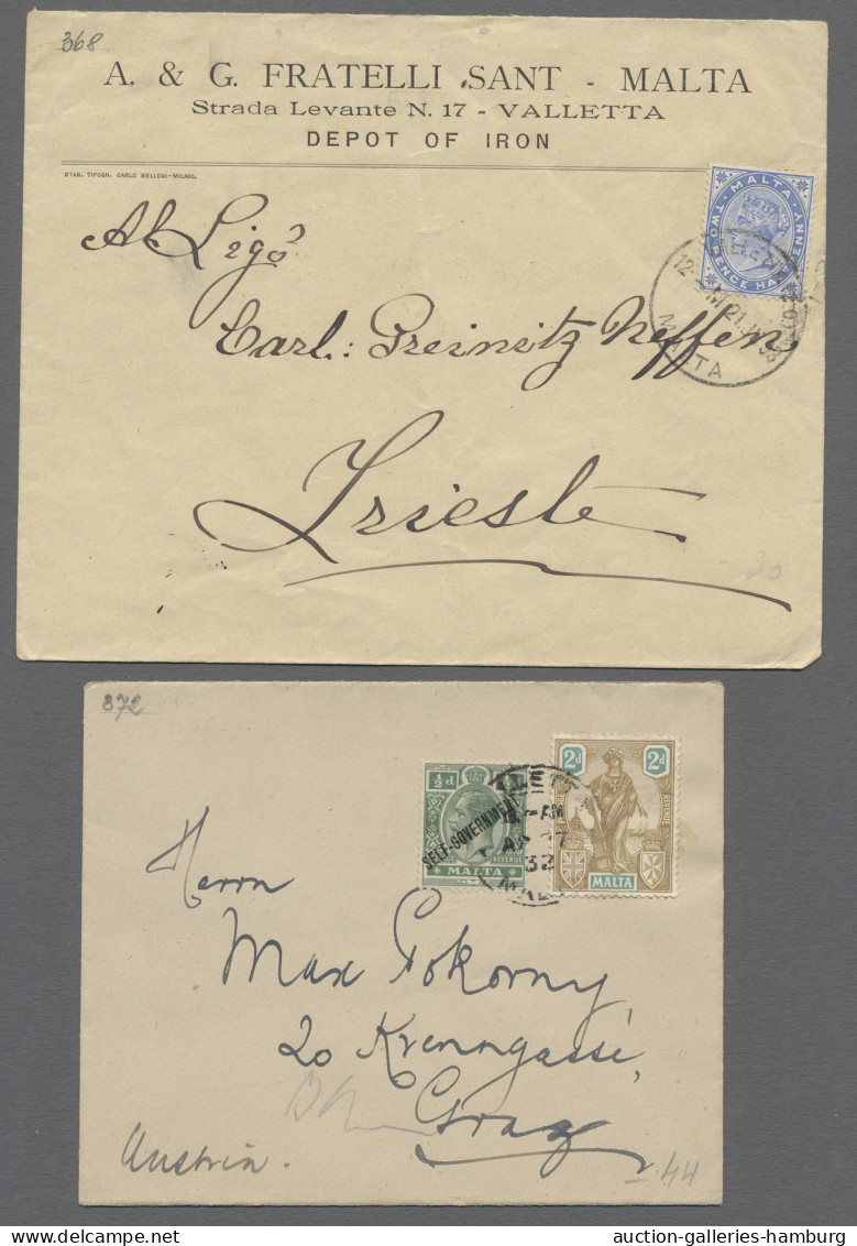 Cover Malta: 1898-1932, 5 Covers And Ppcs Incl. 5-colour-franking KEVII, Four Items Ad - Malte