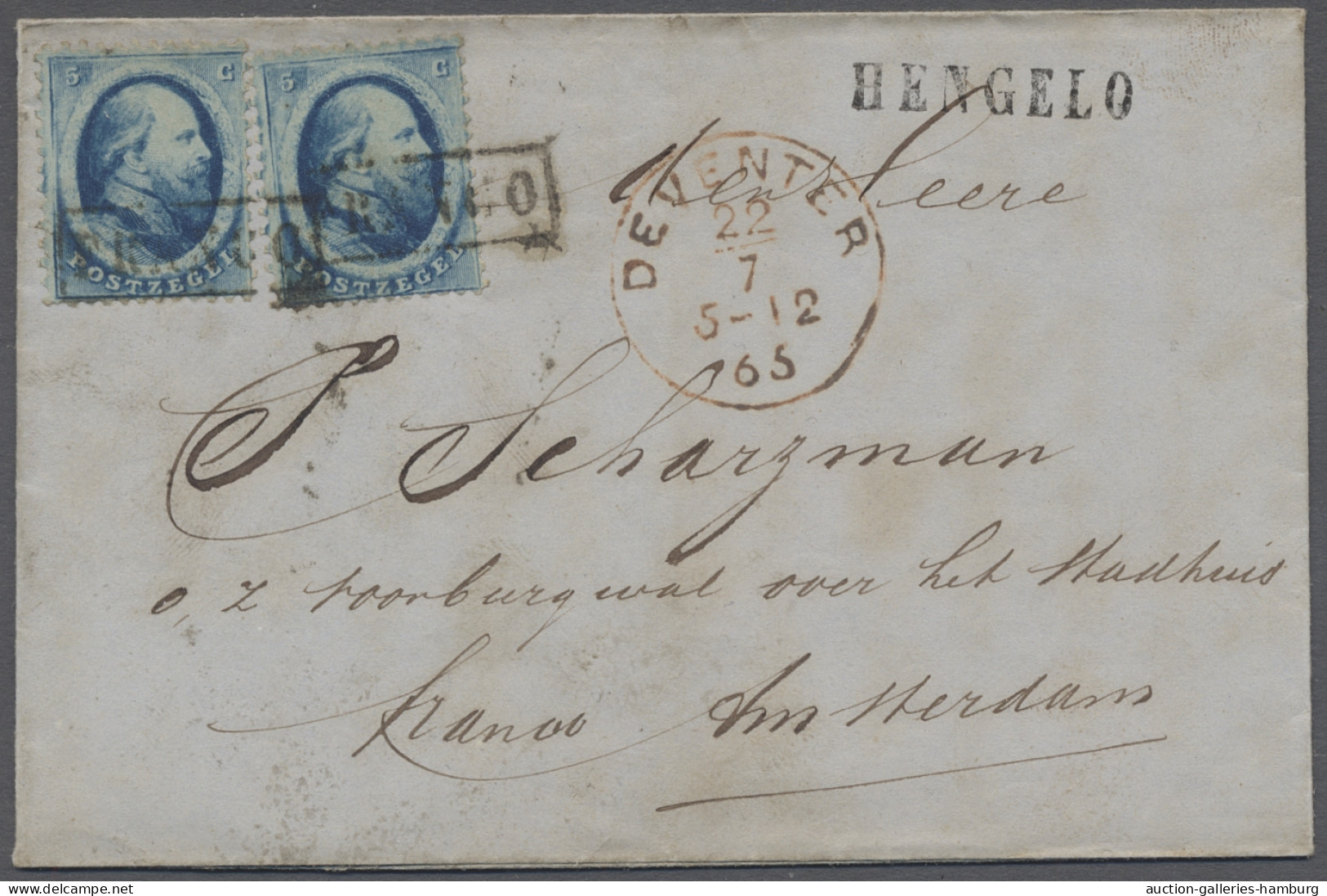 Cover Netherlands: 1865, 5c Blau, Zwei Stück Auf Brief Mit FRANCO-Stempel, Nebenstempe - Lettres & Documents