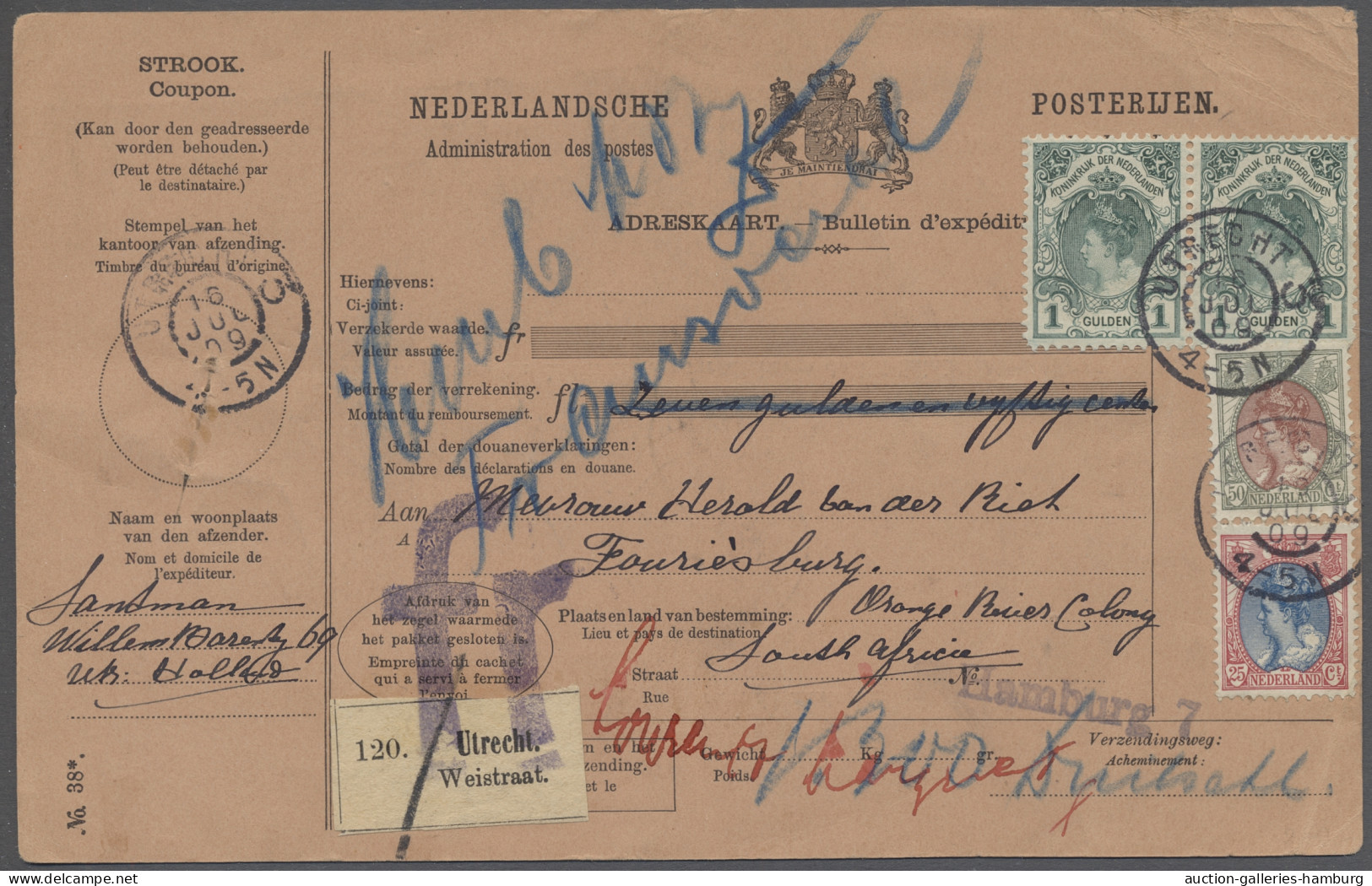 Cover Netherlands: 1909, Cpl. Parcel Card From UTRECHT Bearing 25c, 50c And 1g. (x2) T - Briefe U. Dokumente