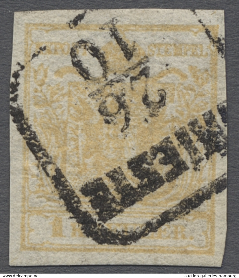 O Österreich: 1850, Wappenzeichnung 1 Kreuzer Ockergelb Auf Handpapier, Vollrandig - Oblitérés
