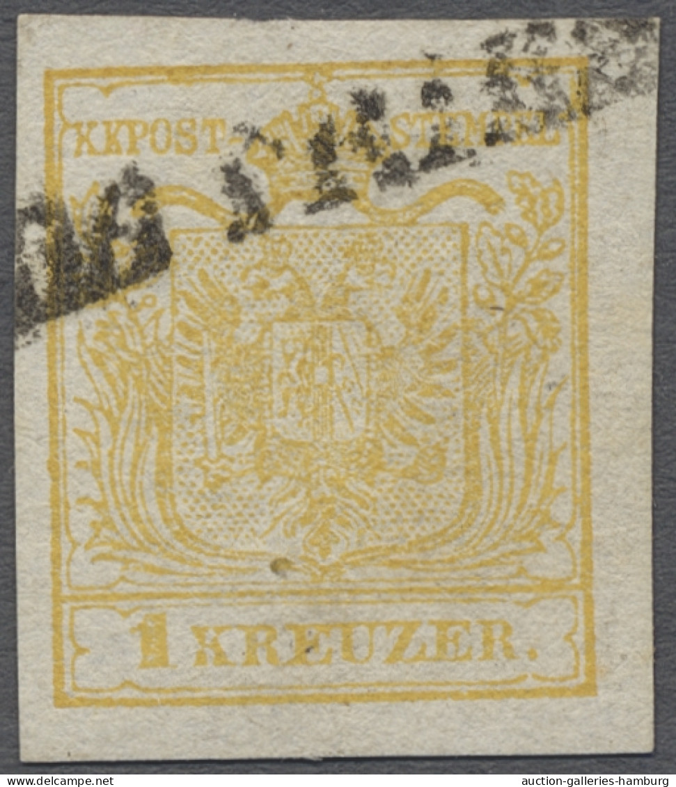O Österreich: 1850, Wappenzeichnung 1 Kreuzer Kadmiumgelb, Auf Handpapier, Vollran - Gebruikt
