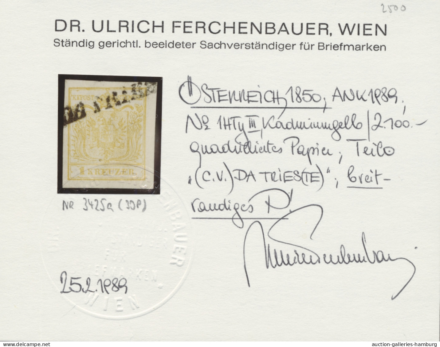 O Österreich: 1850, Wappenzeichnung 1 Kreuzer Kadmiumgelb, Auf Handpapier, Vollran - Used Stamps